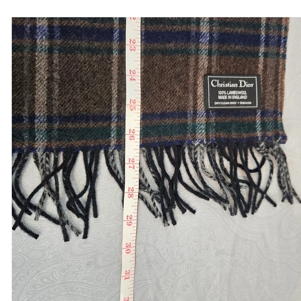 Christian Dior Vintage Brown Plaid Lambswool Scarf Made in England Fringed
